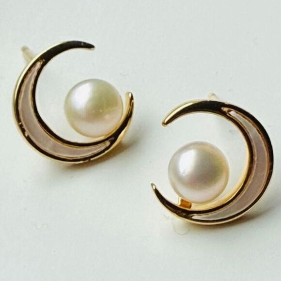 Crescent Moon & Freshwater Pearl Earrings, Lunar Studs, 18k Gold Vermeil Jewelry - Picture 8 of 8